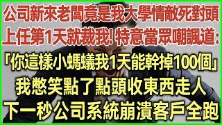 公司新來老闆竟是我大學情敵死對頭！上任第1天就裁了我！特意當眾嘲諷道：「你這樣小螞蟻我1天能幹掉100個！」我憋笑點了點頭收東西走人！下一秒公司系統崩潰客戶全跑！#為人處世#生活經驗#情感故事