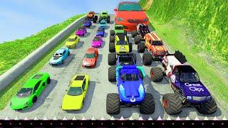 HT Gameplay Crash #147 | Big Car vs Monster Trucks & Series Car Colores Strip Spikes Deep water
