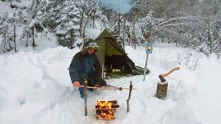 Hot Tent Camping in a Snowstorm - Bushcraft, hobo rod, ice fishing - Catch, Cook & Camp