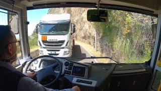 Bus drive in narrow cliff road, 4K