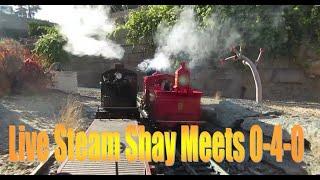 Accucraft G scale Live Steam Action Shay meets 0-4-0  on western garden railroad Fall Steam Up 2022.