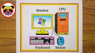 How to Draw Desktop Computer Easy Step By Step / Computer Parts Drawing / Computer Drawing