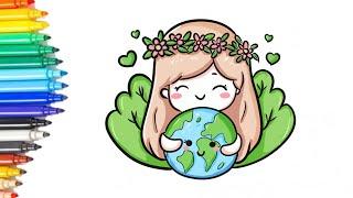 How to Draw a little girl hugging the Earth - Earth Day Drawing and Coloring for kids and beginners.