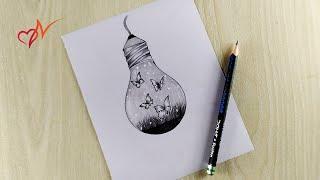 Creative light bulb drawing | Butterflies are flying in the bulb | Easy pencil sketch drawing