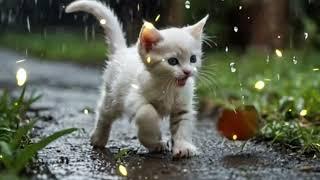 kitten playfully slides on a wet leaf, spinning i