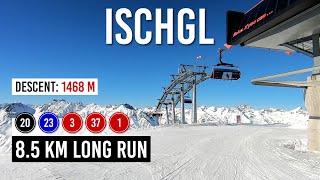 Skiing 8.5 km long run via pistes 20, 23, 3, 37, 1 in Ischgl Samnaun