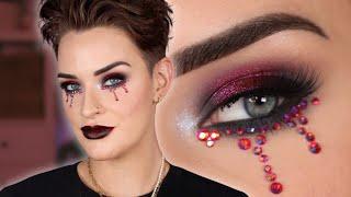 Vampy Glam Halloween Makeup Tutorial | Rhinestone Tear Look