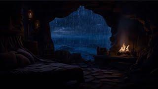 Hide in the Seaside Cave when the Rain & Thunder come️Relax with Waves, Rain &  Campfire sounds