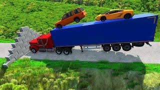 Crushing Cars & Trucks VS Giant Brick Wall  - Deep Water Pothole - BeamNG.Drive