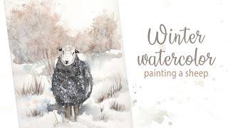 Watercolor sheep in the snow - winter painting and free sketch