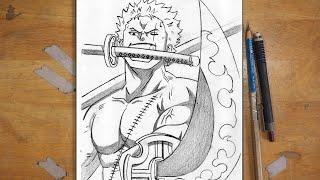 How to Draw Zoro (Three Swords) | Step-By-Step | One Piece Drawing