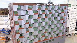 Flygfilm över Projekt XPO – det färdigbyggda Quality Hotel Arlanda XPO