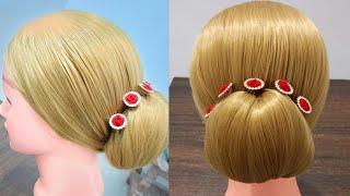 party bun hairstyle||wedding bun hairstyle||beautiful bun hairstyle||janmastmi hairstyle