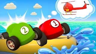 The colorful racing cars are sinking! Rescue helicopters and Helper cars save the day.