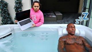 DAD'S MACBOOK PRO IN OUR HOT TUB PRANK!!