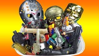 Box of Guns Pistols Weapons Rifles & Masks Video for Kids!