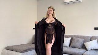 Transparent black night dress and  Lingerie Sets Try On