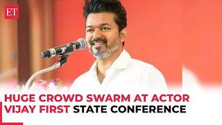 Tamil Nadu: Actor Vijay greets his party workers and fans at the first conference