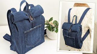 DIY Roll Top No Zipper Denim Backpack Out of Old Jeans | Bag Tutorial | Upcycled Craft