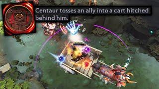 Centaur tosses an ally into a cart hitched behind him