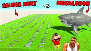 SALMON ARMY vs HUGE MEGALODON in Animal Revolt Battle Simulator with SHINCHAN and CHOP