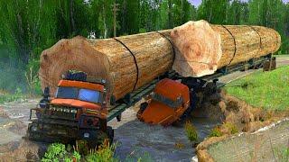 Two Large Timber Trucks Stuck in River - Spintires Mudrunner