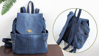 DIY Casual No Zipper Denim Backpack Out of Old Jeans | Bag Tutorial | Upcycle Craft