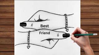 BFF Drawing easy step by step || Best friends Drawing hand - pencil sketch || Drawing tutorial easy