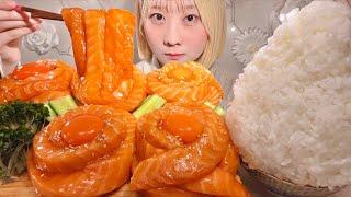 ASMR Salmon Noodle Yukhoe【Mukbang/ Eating Sounds】【English subtitles】