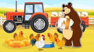 Tractor working on the Farm & Collecting fresh Eggs - Make a Chicken Feed with Corn | Vehicles Farm