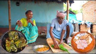 GOAT INTESTINE FRY RECIPE USING TURMERIC LEAF | how to clean and cooking goat intestine in tibal way