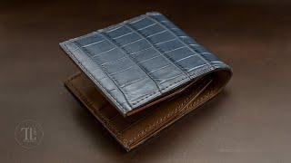 Making leather bifold wallet. Croco leather cover. Leather craft