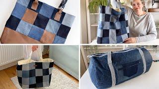 Make 4 denim bags from old denim jeans. Denim tote bag, denim shopping bag.