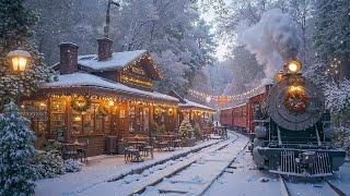 Cozy Christmas Ambience at a Train Track Café with Relaxing Christmas Jazz Music & Peaceful Snowfall