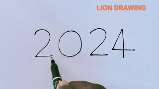 Lion Drawing Art With 2024 Number | Lion Drawing Art Simple