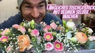 Längliches klassisches Blumengesteck als Tischdekoration selber machen - DIY Anleitung