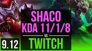 SHACO vs TWITCH (JUNGLE) | KDA 11/1/8, 1600+ games, 2 early solo kills | EUW Grandmaster | v9.12