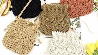 Tutorial Tas Serut Tali Kur // Cara membuat Tas tali Kur untuk Pemula // Macrame Bag