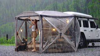 Solo camping in heavy rain - powerful rain adventures in tent and relaxing , ASMR