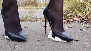 Italian high heels crush marshmellows, high heels messy food crush, shoes stomp food (scene 590)