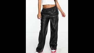 ASOS DESIGN Petite Shiny Faux Leather Wide Leg Trousers Pants Wetlook Black Women