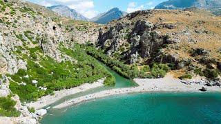 Preveli Palm Beach, Crete, Greece, a unique 'tropical' landscape in Europe, 4K drone footage