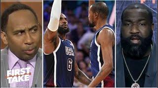 FIRST TAKE | Stephen A. & Perkins reacts to LeBron & Kevin Durant lead Team USA crush Serbia 110-84