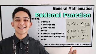 Rational Function (Domain, x & y - Intercepts, Zeros, Vertical and Horizontal Asymptotes and Hole)