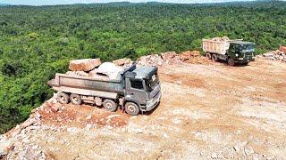 Extreme Huge Mountain Land Filling Up Truck Skills Dumping Stone Bulldozer Clearing Stone