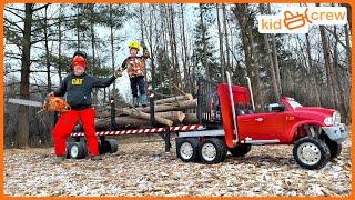 Hauling trees with kids ride on logging semi truck and cutting with chainsaw. Educational | Kid Crew