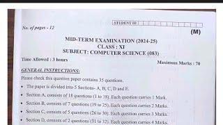 class  11 computer sci  Mid term examination 2024-25(08/10/24)कक्षा 11 com. Question paper