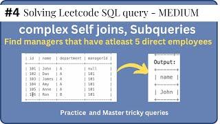 #4 SQL Leet code: Complex Joins, Subqueries, Self Join #sqlforbeginners