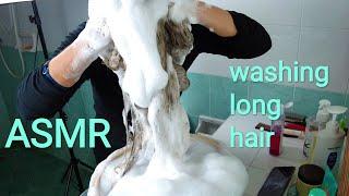 ASMR long hair wash with shampoo and conditioner.