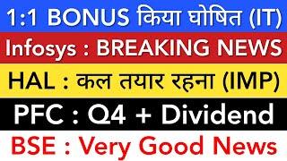 HAL SHARE LATEST NEWS TODAY  INFOSYS SHARE NEWS • PFC DIVIDEND • BSE SHARE • STOCK MARKET INDIA